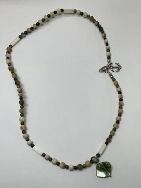 VINTAGE Artisan Multicolored Bead Necklace with Green Shell Pendant 925 Silver